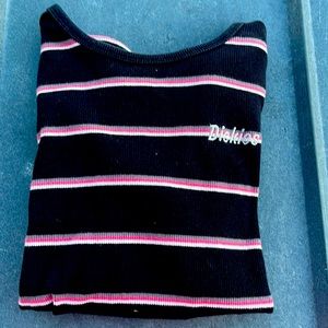 Like new dickies kids Black white pink and gray, striped shirt.